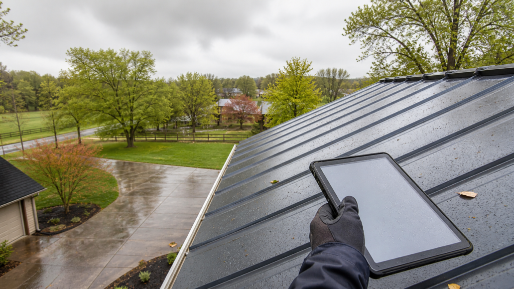 Gloved hand holding a tablet on a wet standing seam metal roof during an inspection