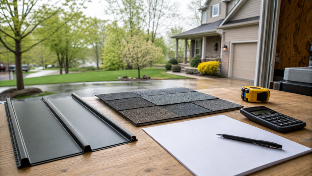 Metal roof panel and asphalt shingle samples on a wooden table with a calculator, tape measure, pen and notepad