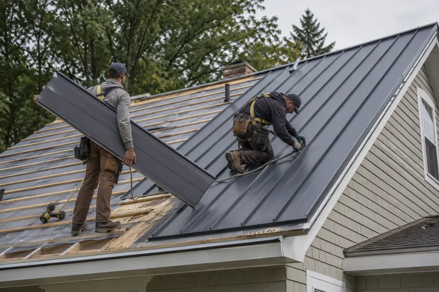 Heritage Metal Roofing's own trained crew installing a standing seam metal roof on a residential home.
