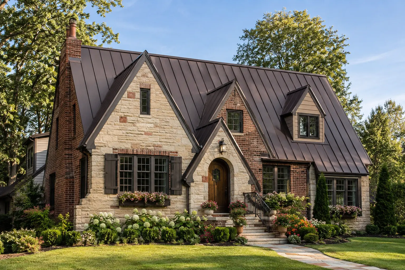 Full exterior view of a Metro Detroit home with a finished standing seam metal roof and strong curb appeal.