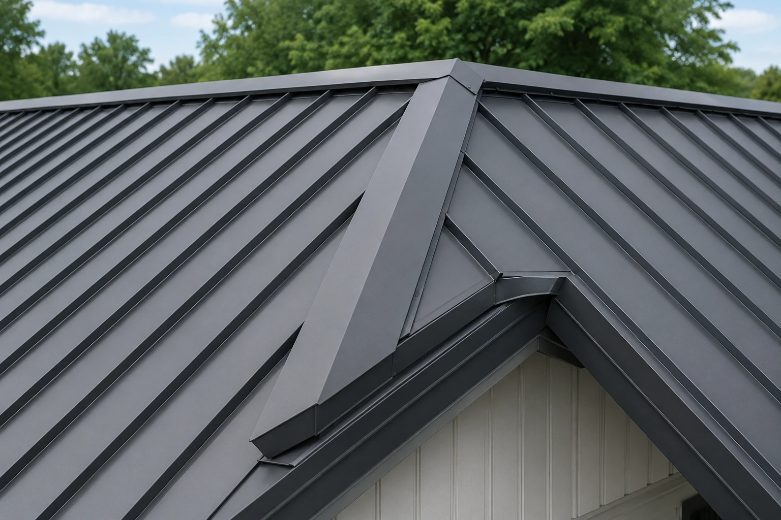 Ridge and flashing detail on a residential standing seam metal roof installed by Heritage Metal Roofing.