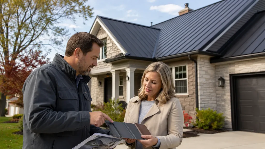 Homeowner reviewing an estimate with a metal roofing contractor in front of a Metro Detroit home with a standing seam metal roof