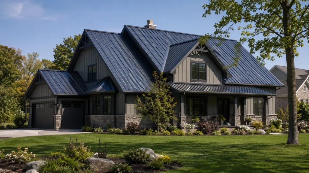 Light-colored standing seam metal roof on a Metro Detroit home reflecting summer sunlight, illustrating metal roof energy efficiency in Michigan's climate