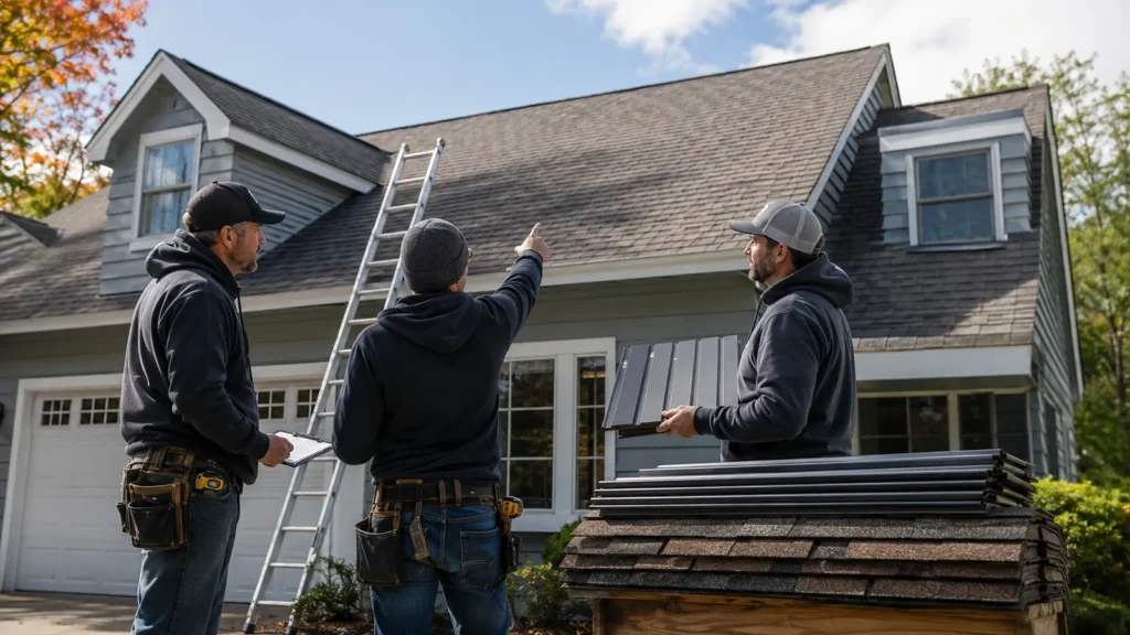 New metal roofing being installed on a Michigan home, illustrating the choice between a metal roof over shingles and a full tear-off