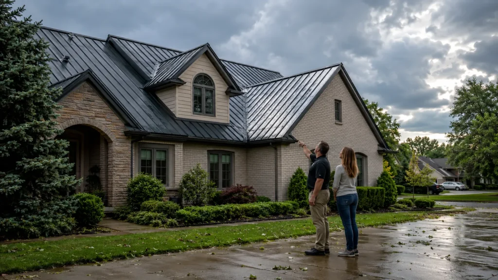 Standing seam metal roof on a Michigan home after a summer storm with wet panels and clearing skies