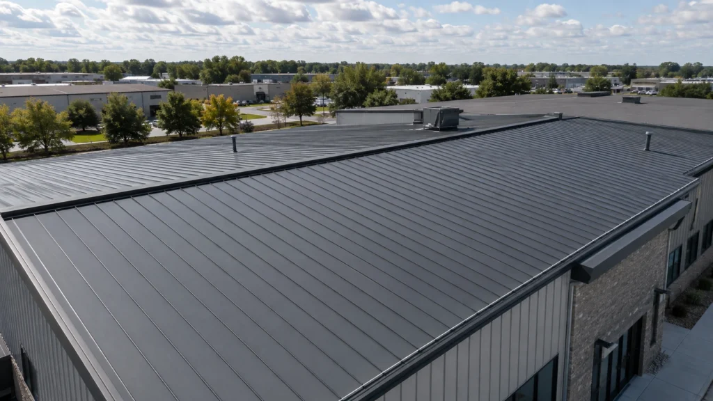 Standing seam metal roofing system on a commercial building in Metro Detroit
