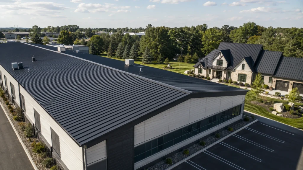 Commercial metal roof beside a residential standing seam metal roof in Metro Detroit