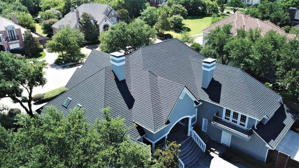 Aerial view of a stone-coated steel metal shingle roof on a home in the Sterling Heights, Michigan area